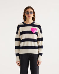 Pull à rayures coeur en cachemire - Navy