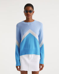 Pull oversize motif V tricolore en cachemire - Water Blue
