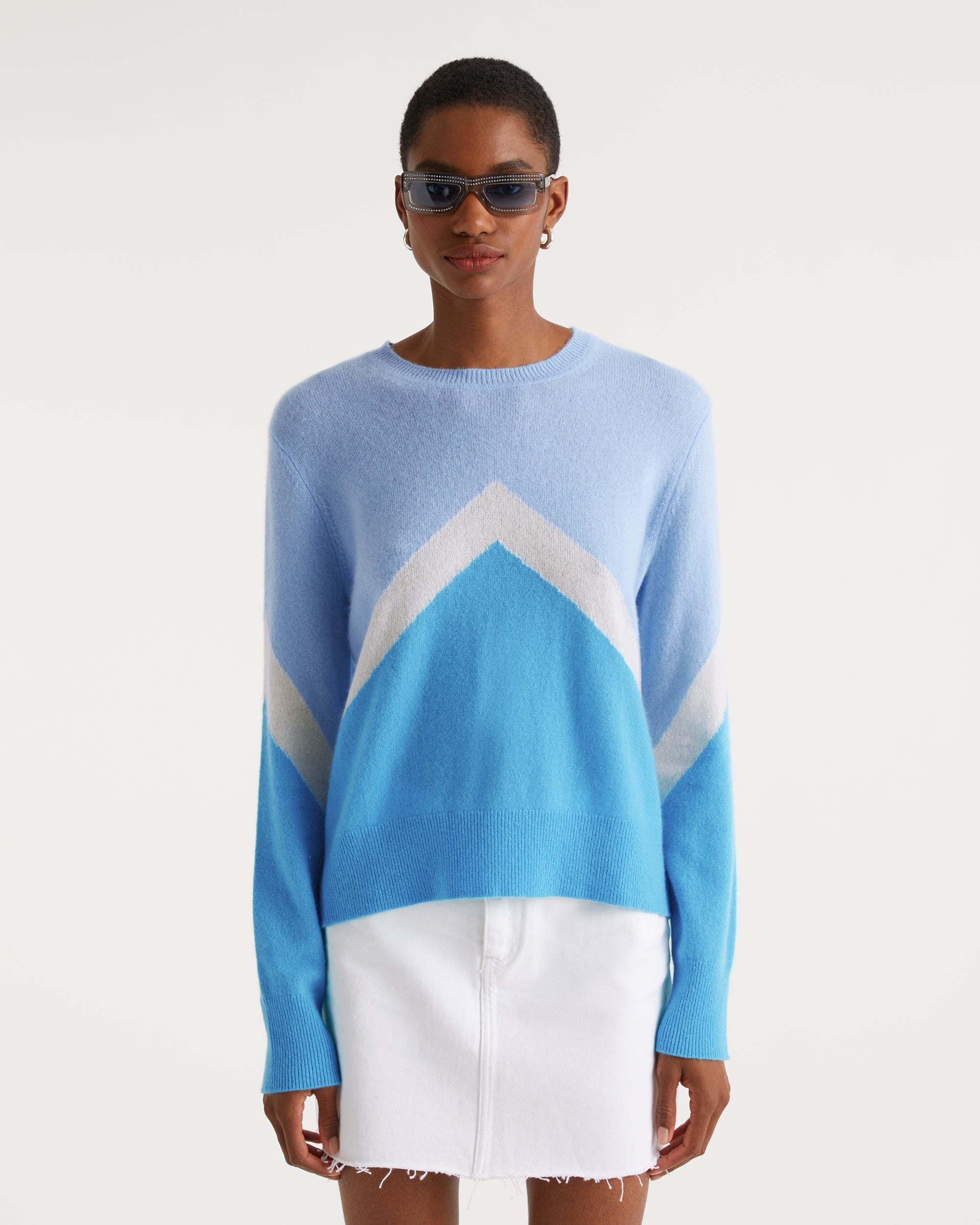 Pull oversize motif V tricolore en cachemire - Water Blue