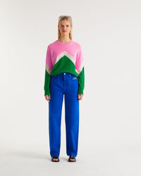 Pull oversize motif V tricolore en cachemire - Summer Green
