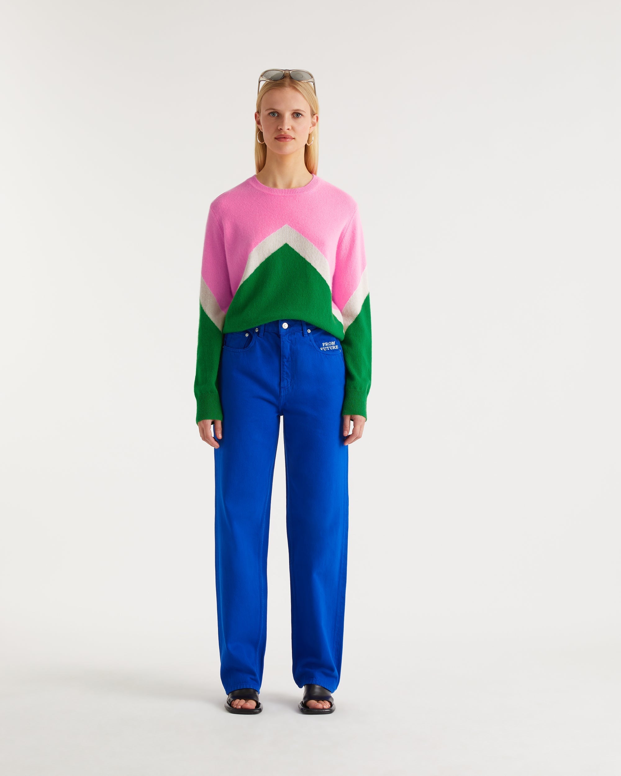 Pull oversize motif V tricolore en cachemire - Summer Green