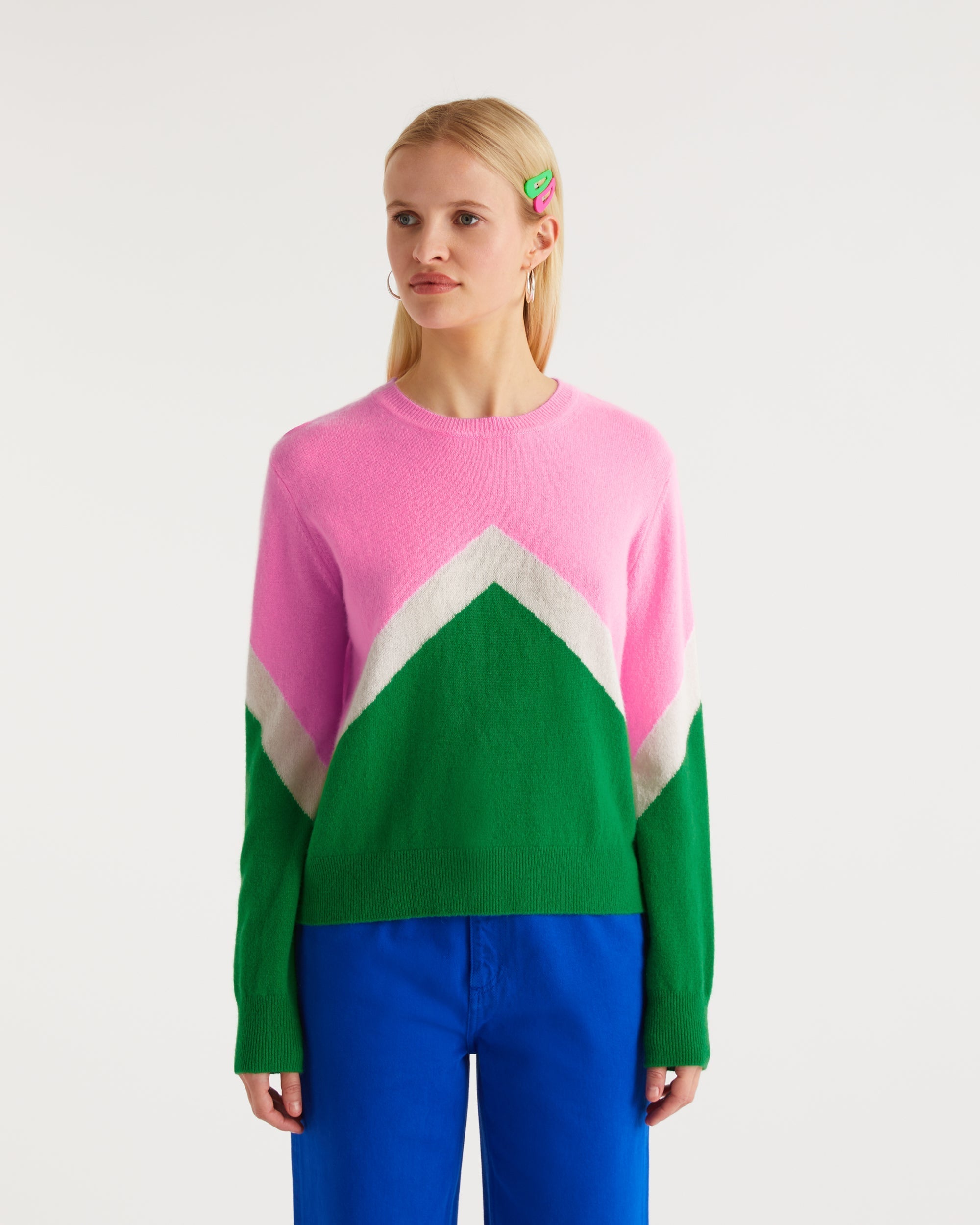 Pull oversize motif V tricolore en cachemire - Summer Green