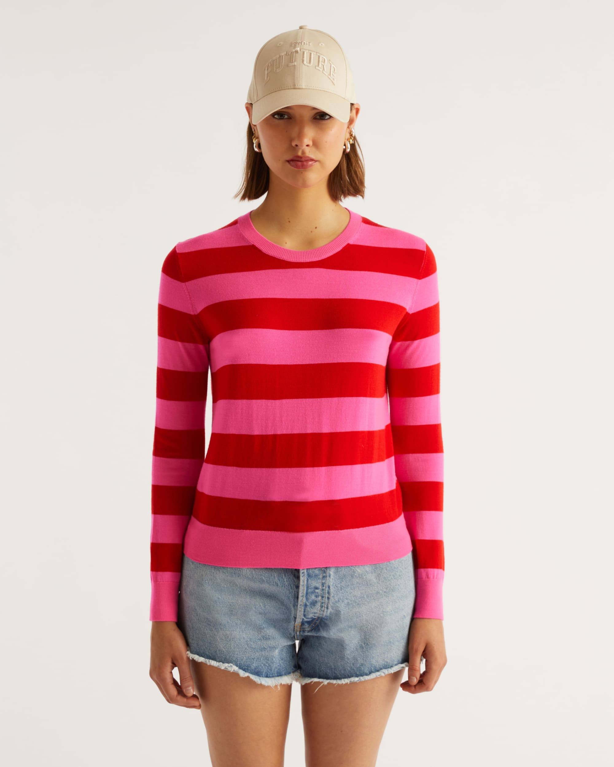 Pull à rayures larges en laine mérinos - Summer Fuchsia