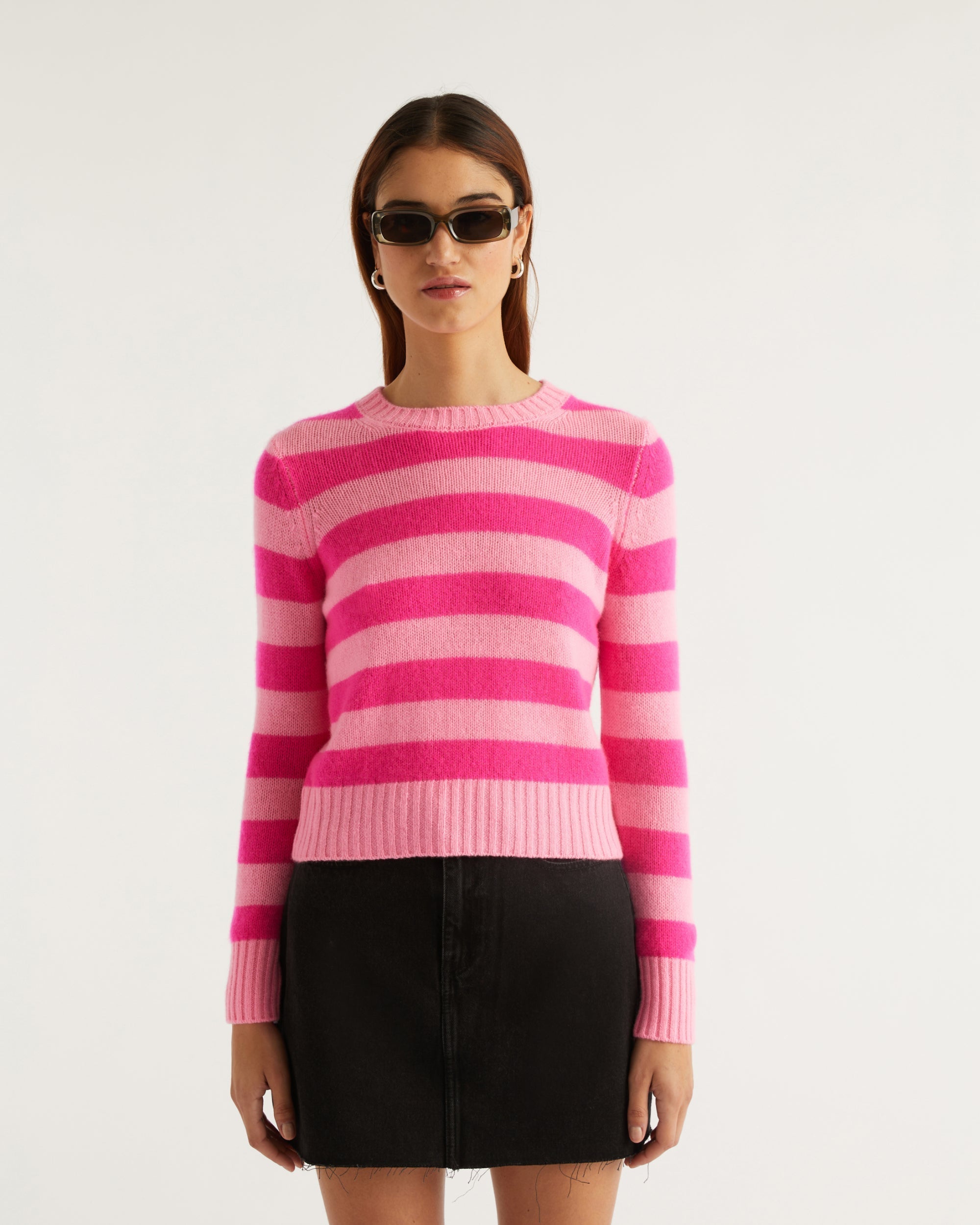 Pull à rayures en cachemire - Flash Pink