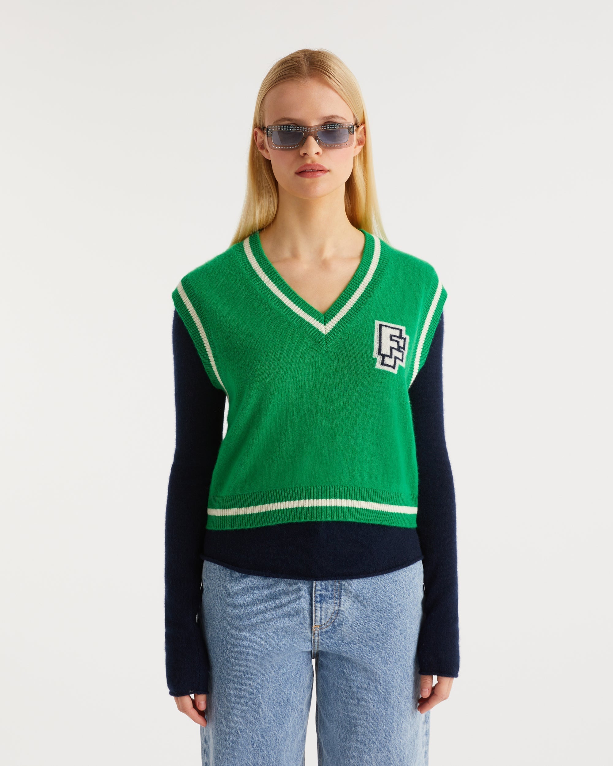 Pull sans manches FF à col V en cachemire - Summer Green