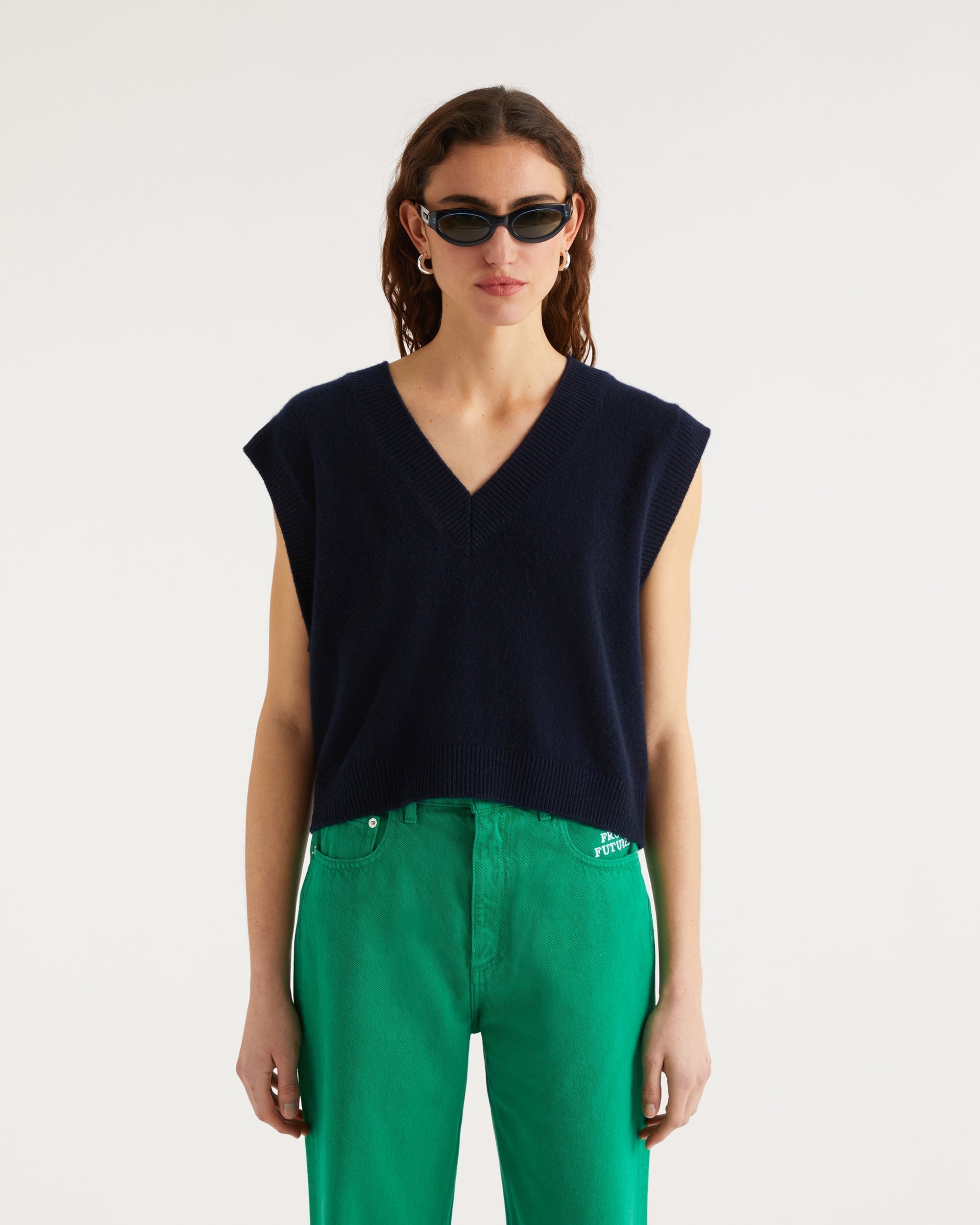 Pull sans manches à col V classique en cachemire - Navy