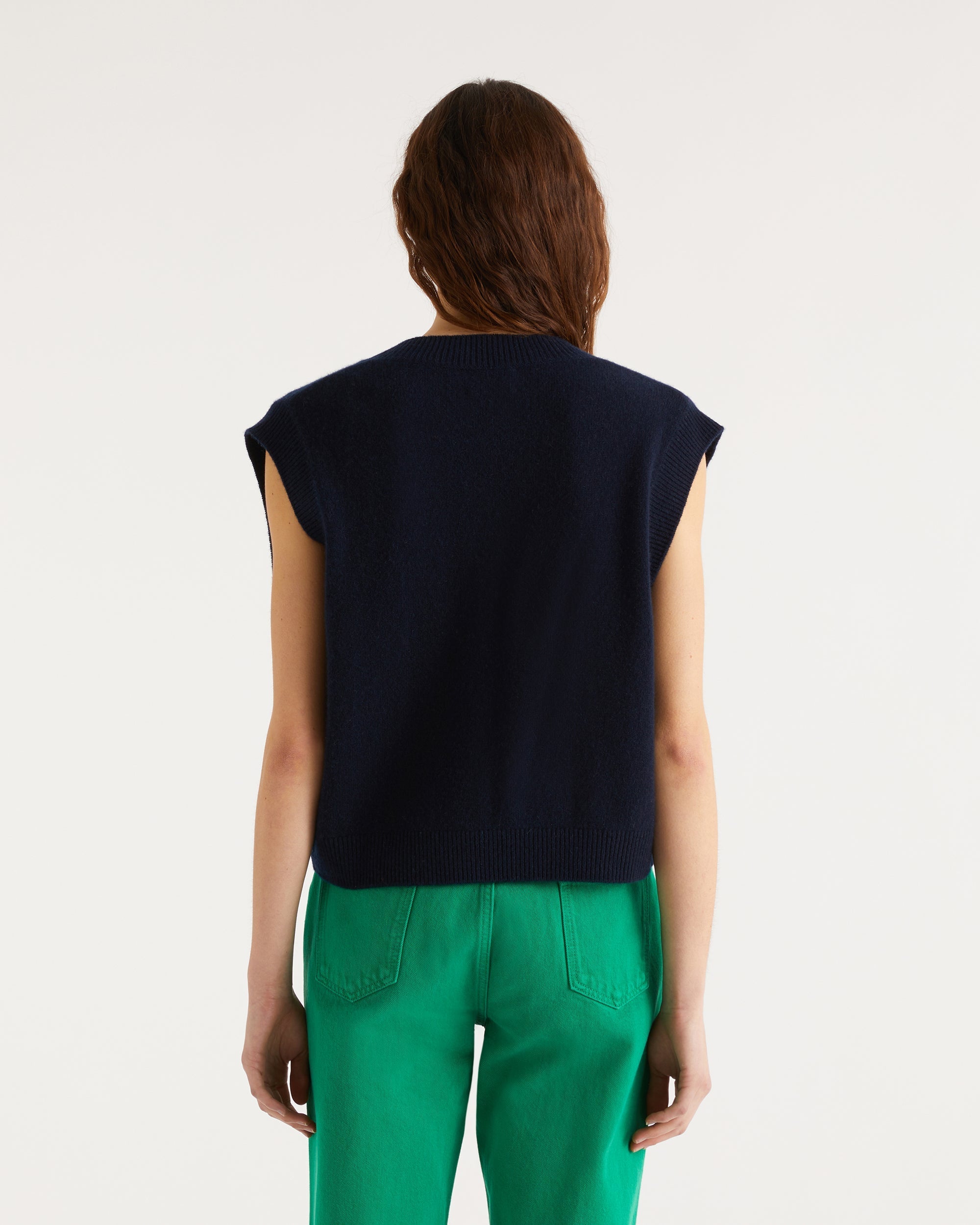 Pull sans manches à col V classique en cachemire - Navy