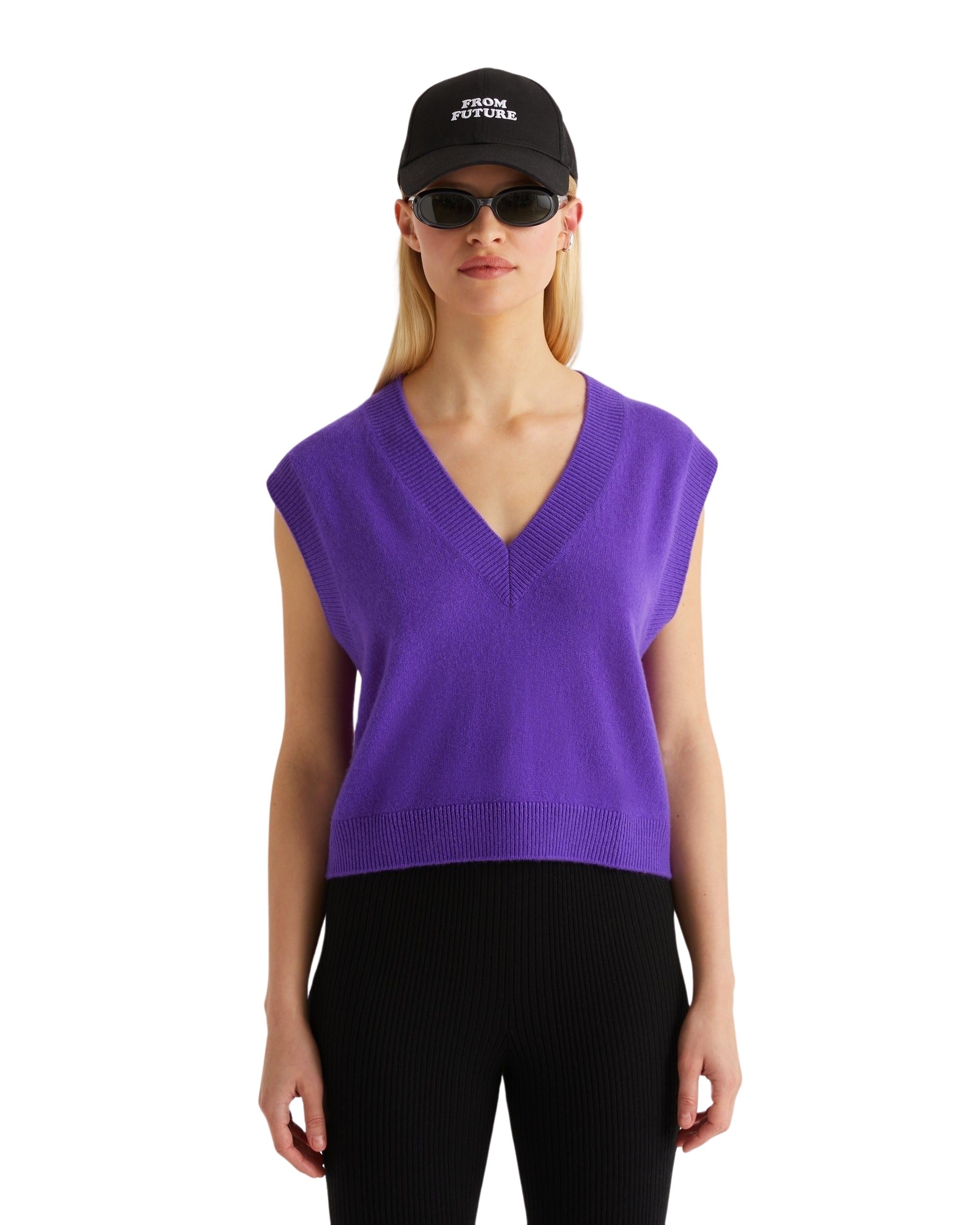 Pull sans manches à col V classique en cachemire - Neon Purple