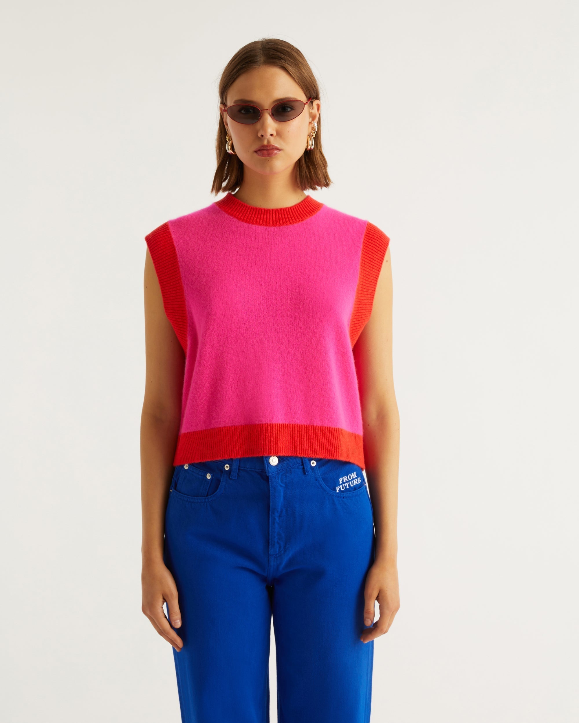 Pull sans manches à col rond bicolore en cachemire - Flash Pink