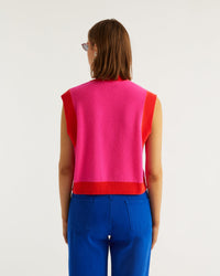 Pull sans manches à col rond bicolore en cachemire - Flash Pink