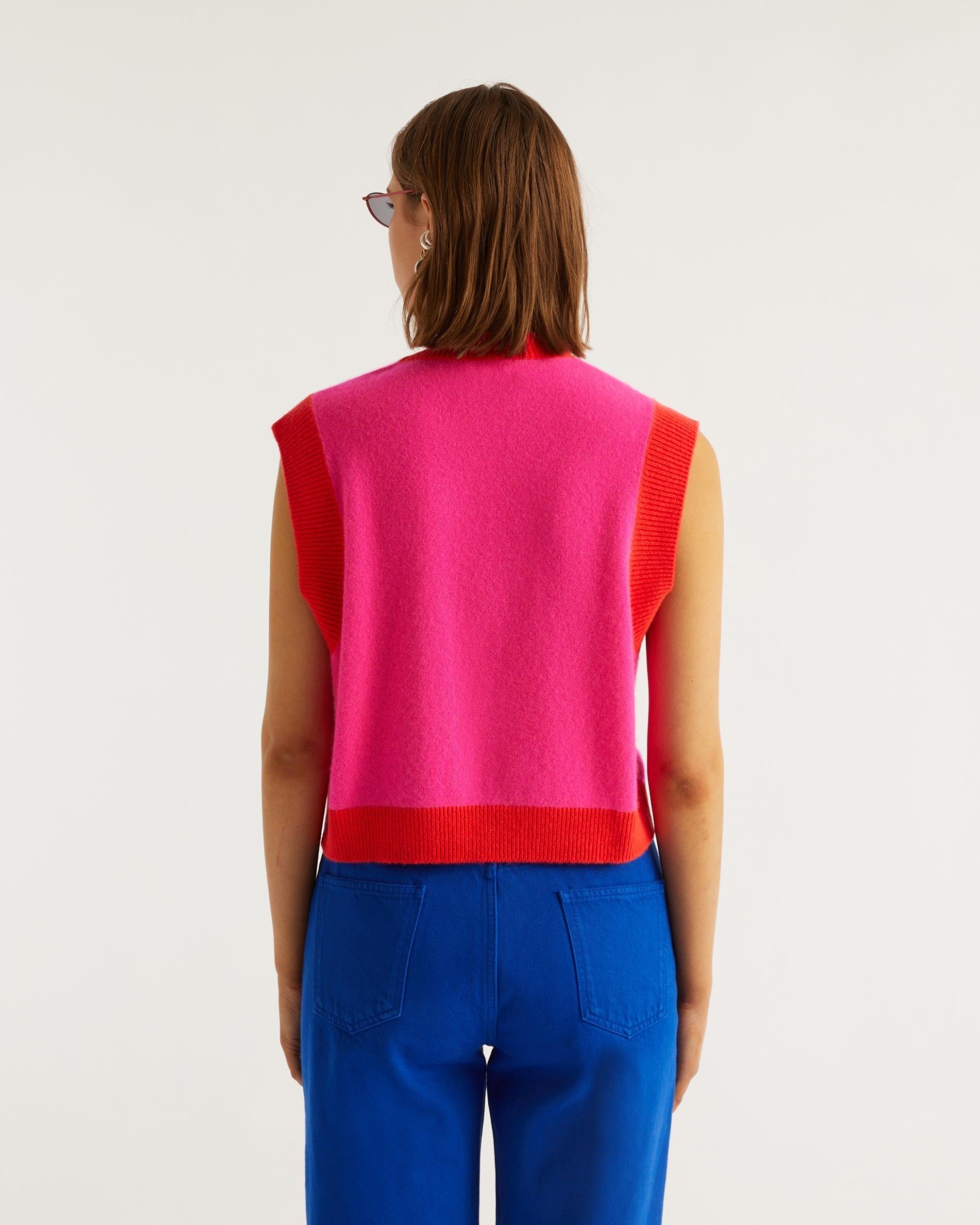 Pull sans manches à col rond bicolore en cachemire - Flash Pink