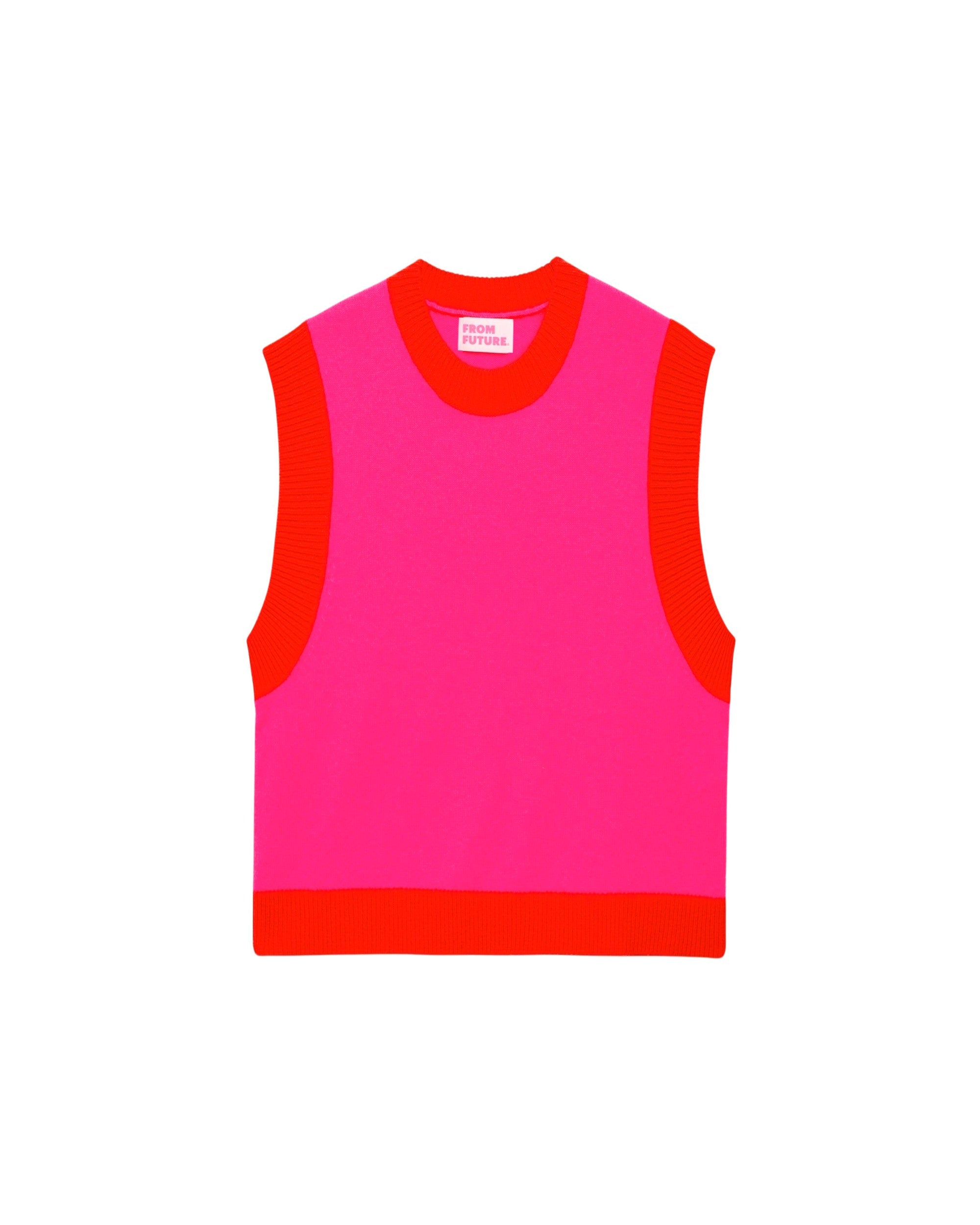 Pull sans manches à col rond bicolore en cachemire - Flash Pink