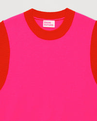 Pull sans manches à col rond bicolore en cachemire - Flash Pink