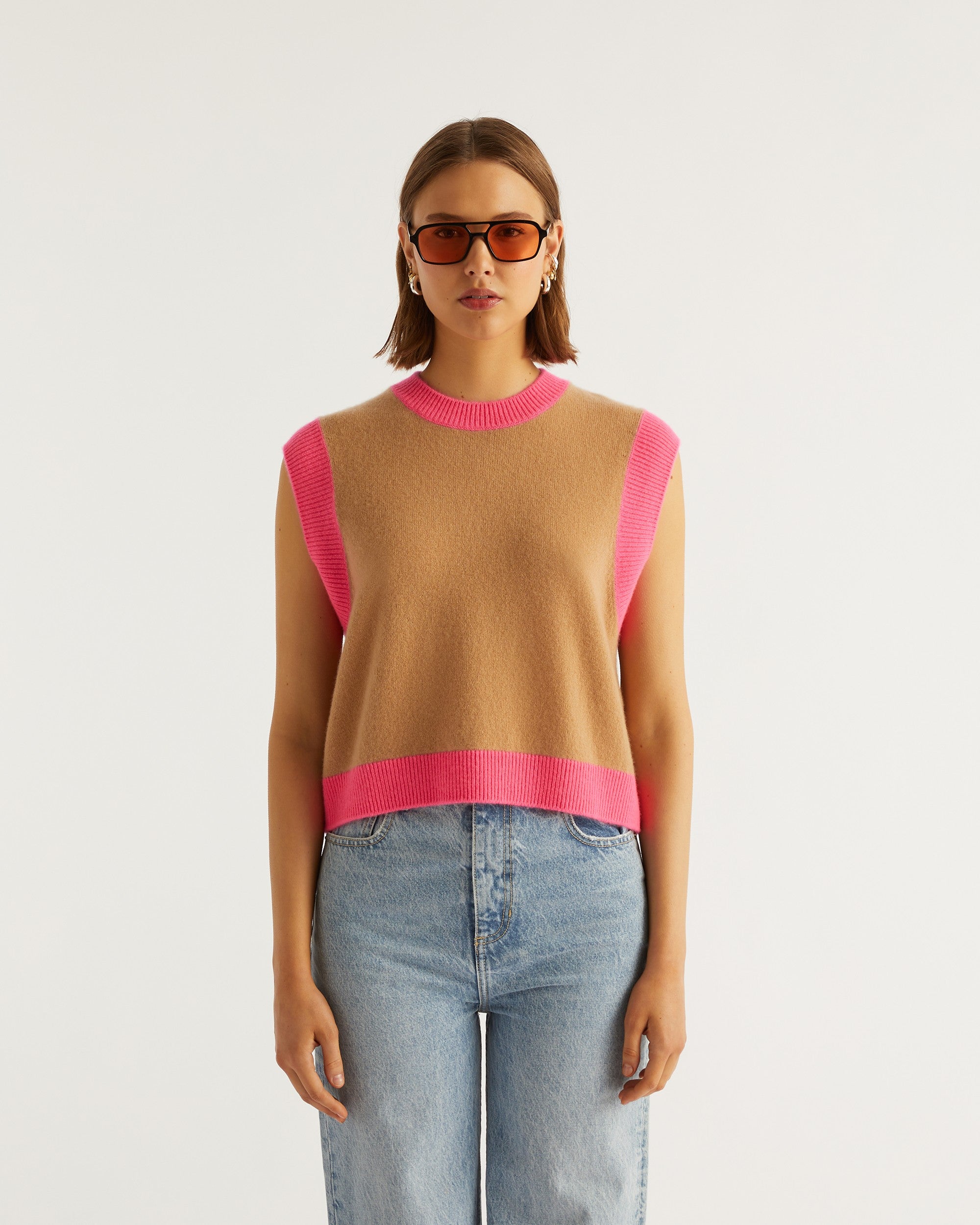 Pull sans manches à col rond bicolore en cachemire - Summer Camel