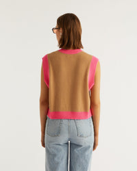 Pull sans manches à col rond bicolore en cachemire - Summer Camel