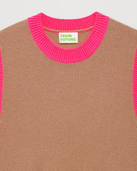 Pull sans manches à col rond bicolore en cachemire - Summer Camel
