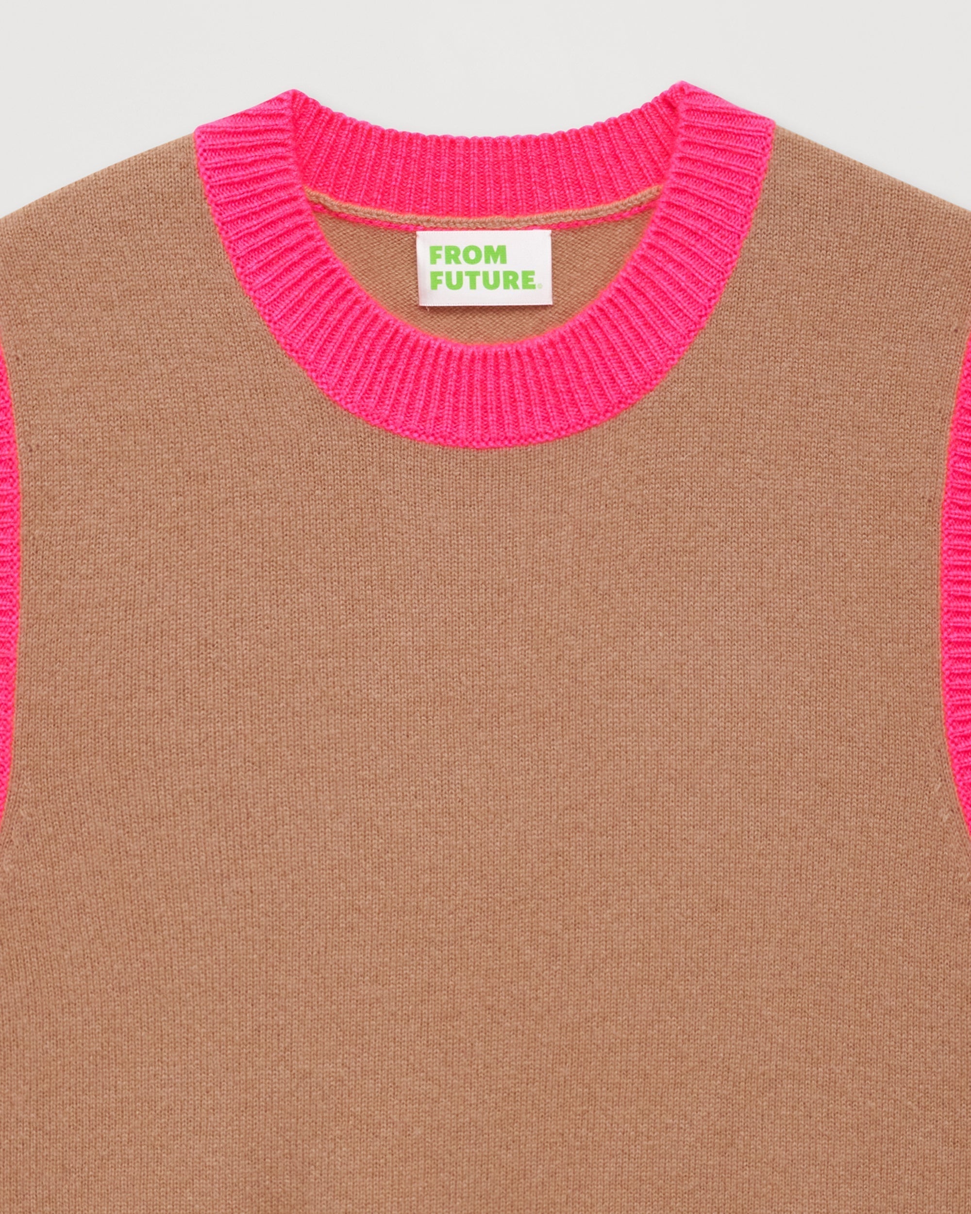 Pull sans manches à col rond bicolore en cachemire - Summer Camel