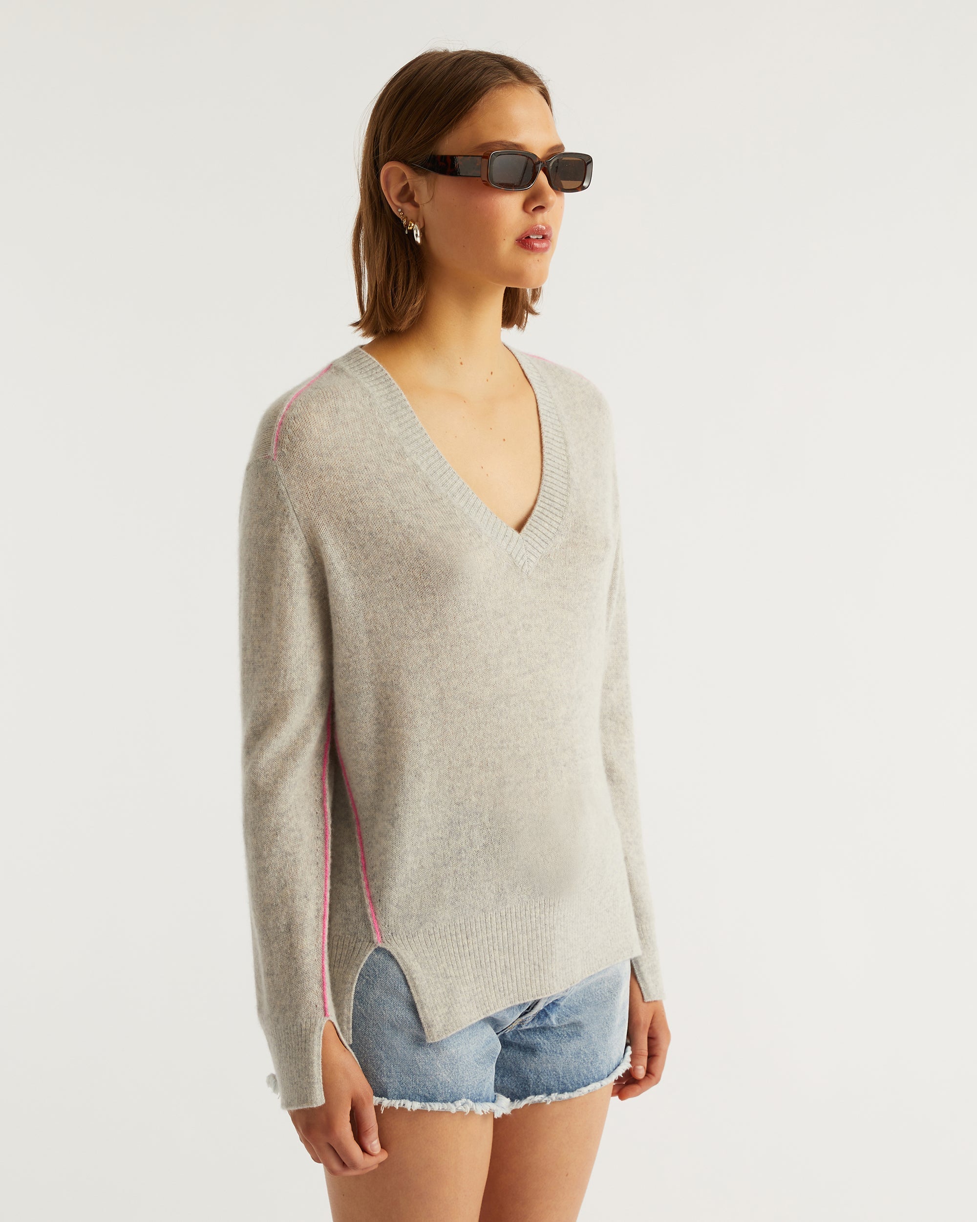 Pull à coutures contrastées Light en cachemire - Light Heather Gray