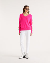 Pull oversize à bande multicolore en cachemire - Holiday Pink