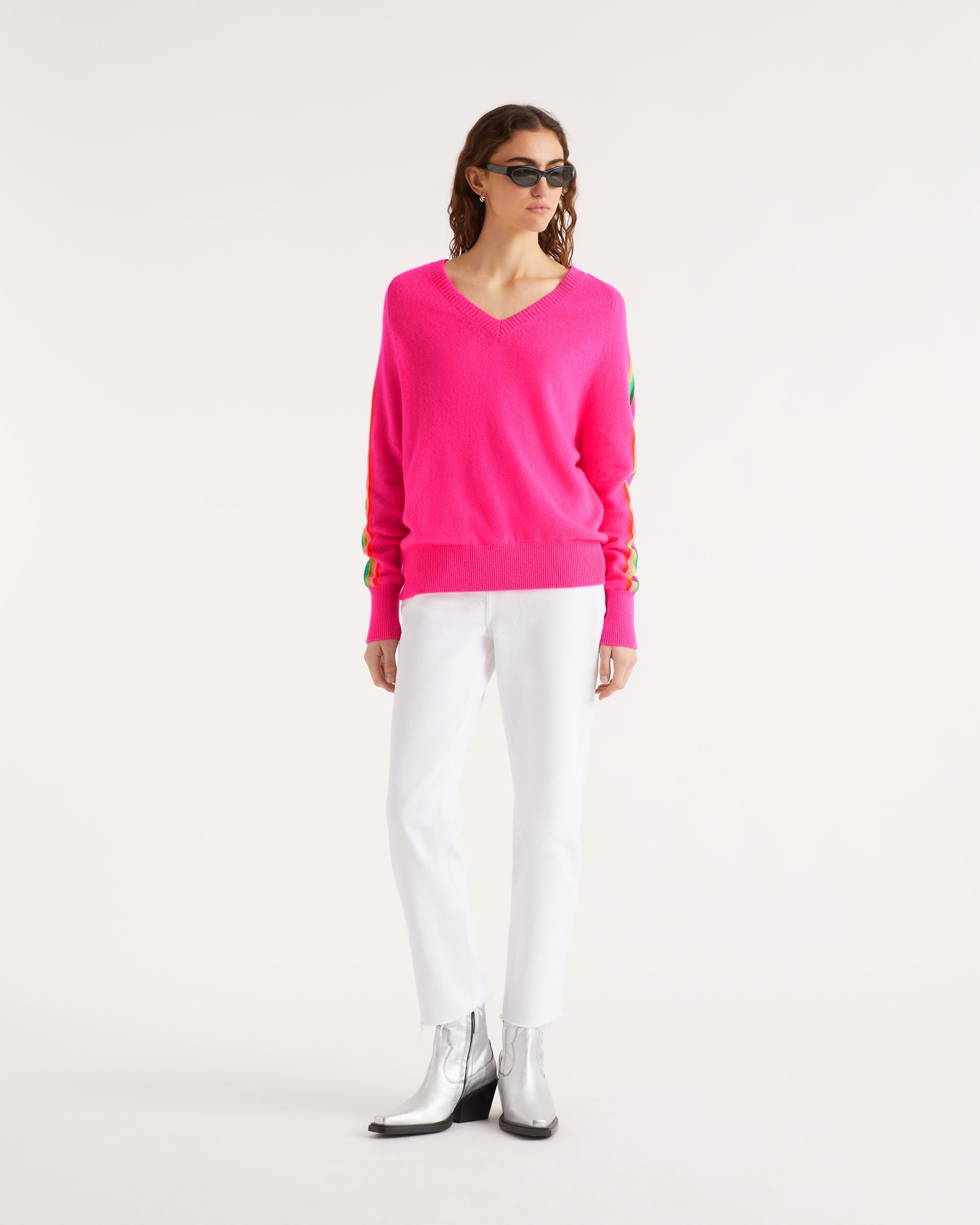 Pull oversize à bande multicolore en cachemire - Holiday Pink