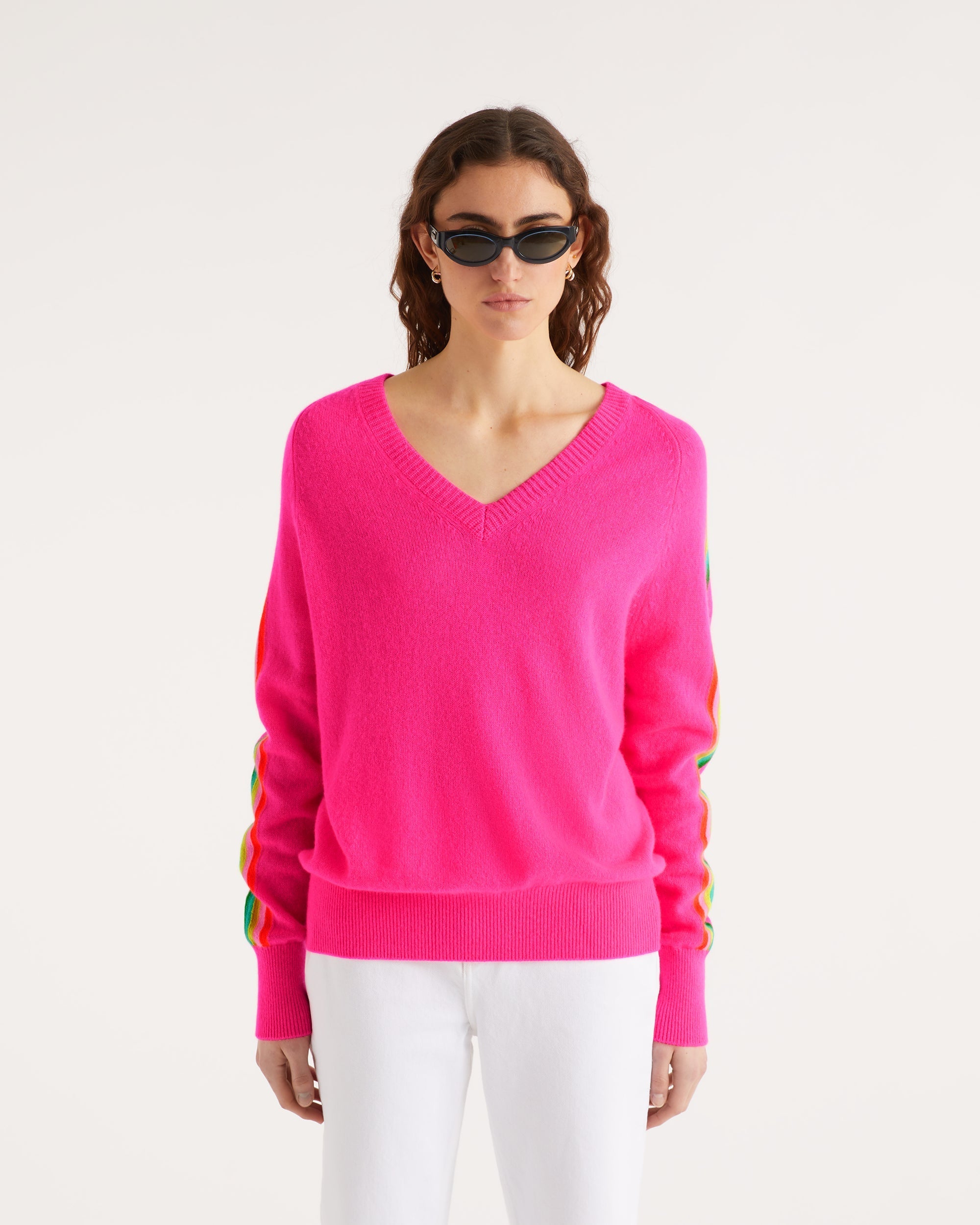 Pull oversize à bande multicolore en cachemire - Holiday Pink
