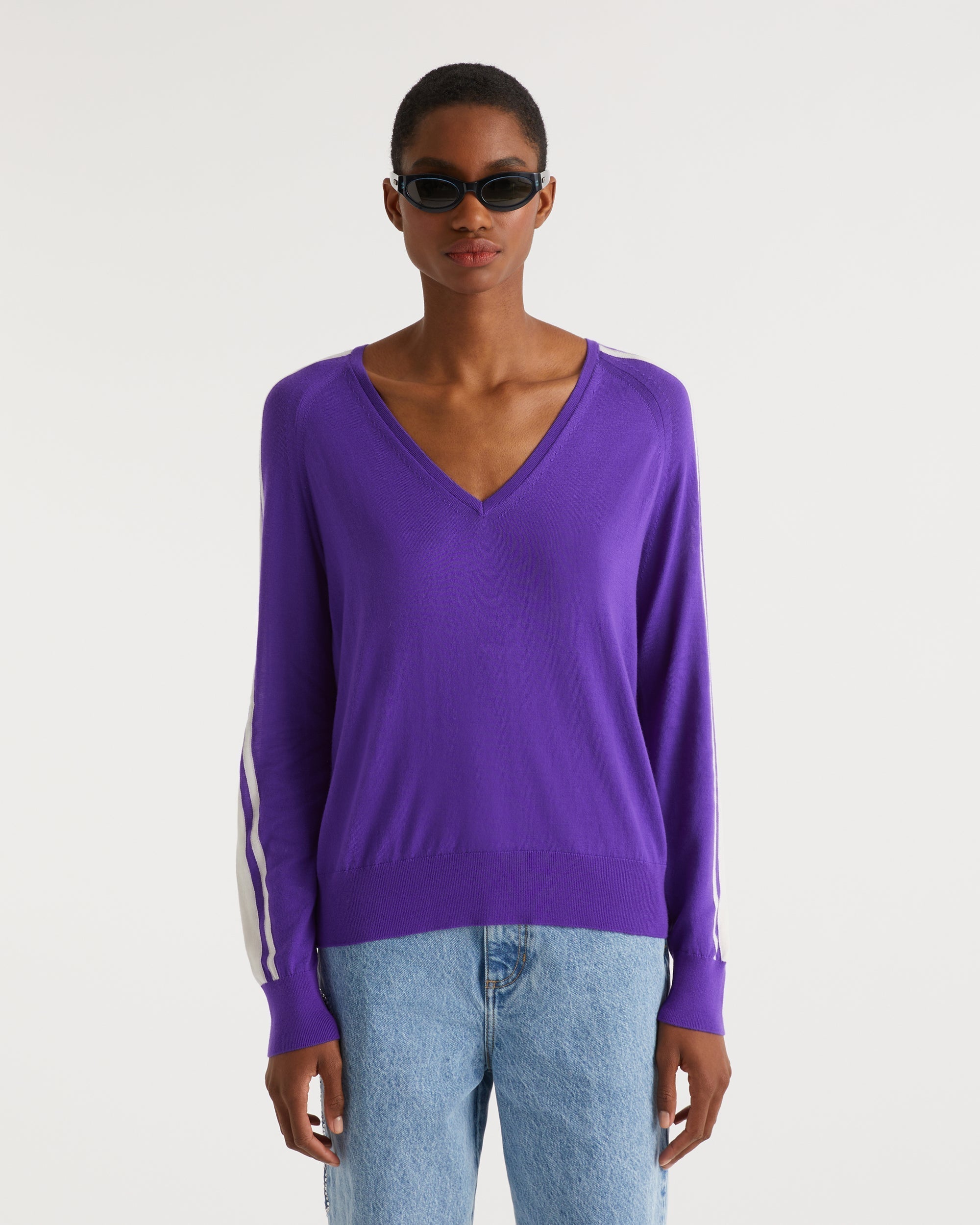 Pull oversize bandes manches en laine mérinos - Neon Purple