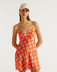 Robe courte Gloria en soie - Little Roses & Orange