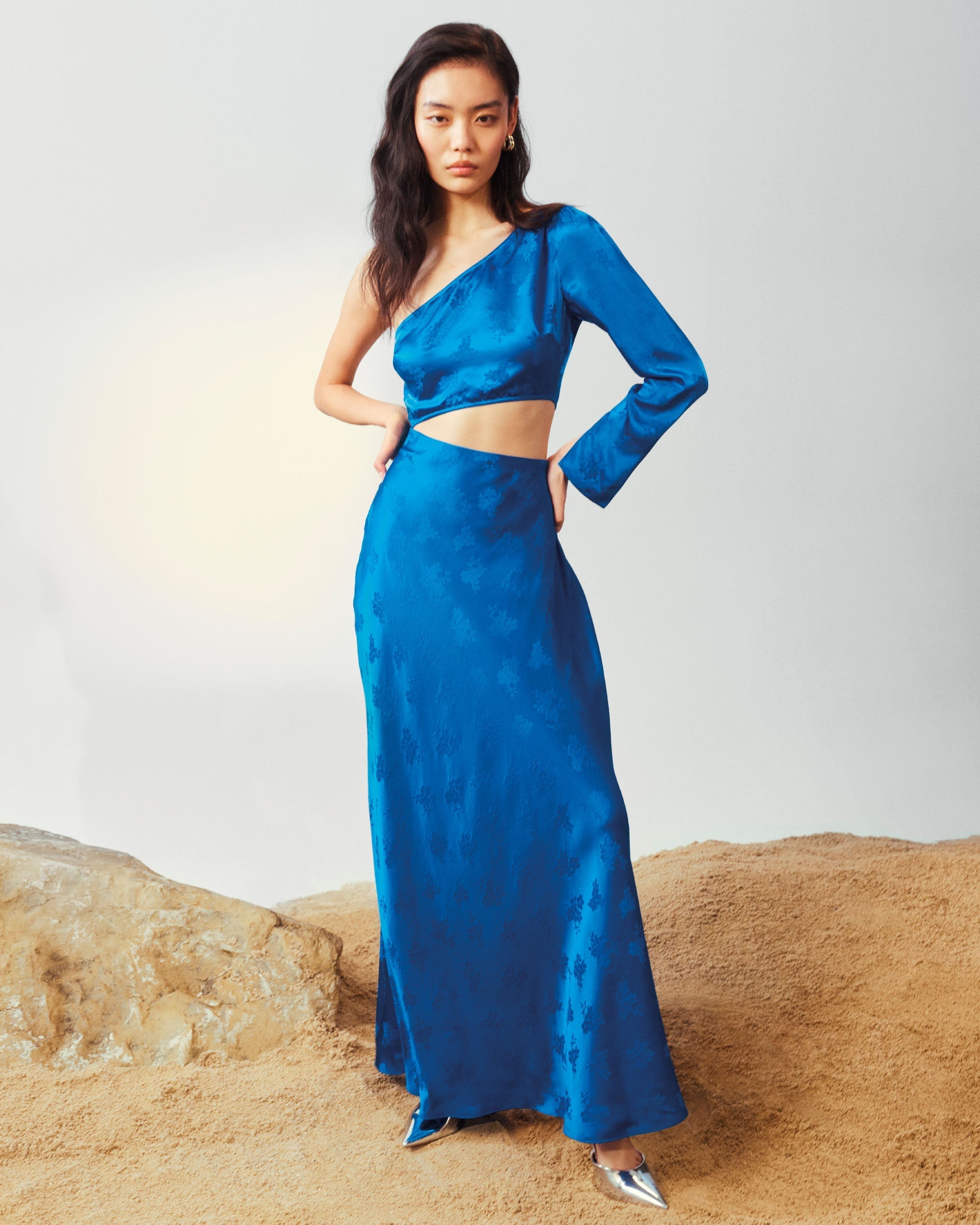 Robe longue Penelope en soie - Blue Jacquard