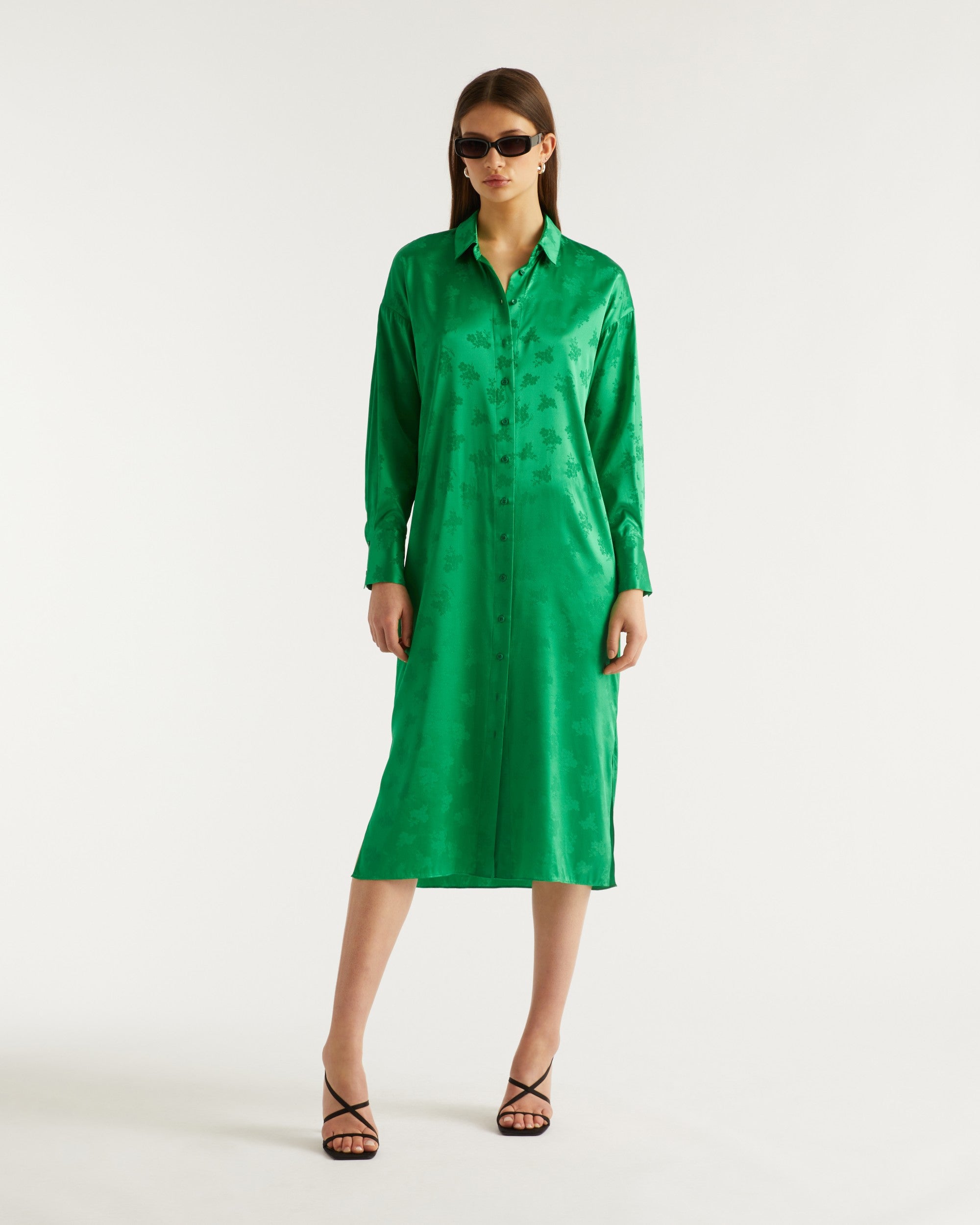 Robe longue Celia en soie - Green Jacquard