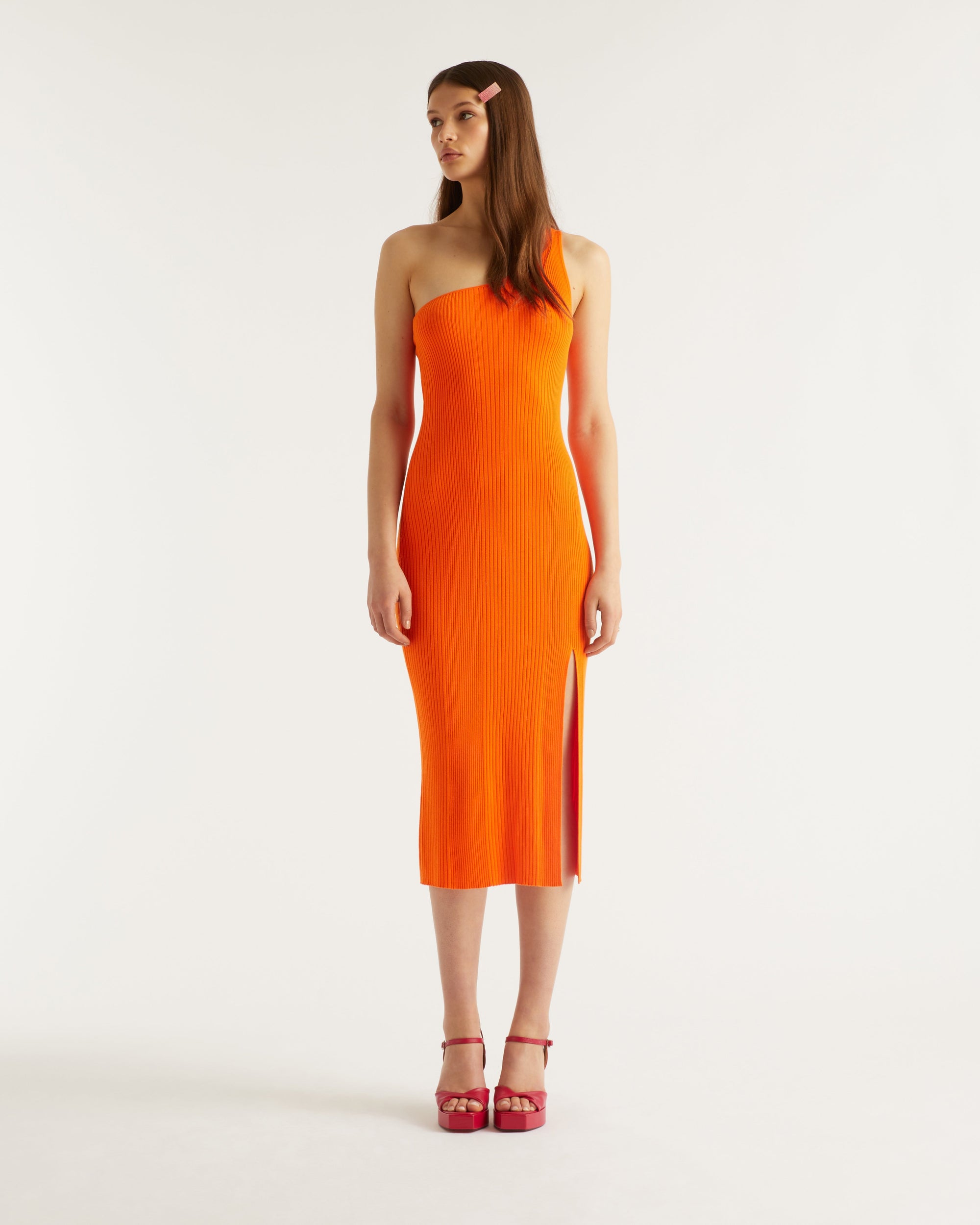 Robe longue asymétrique et fendu en laine mérinos - Beach Orange