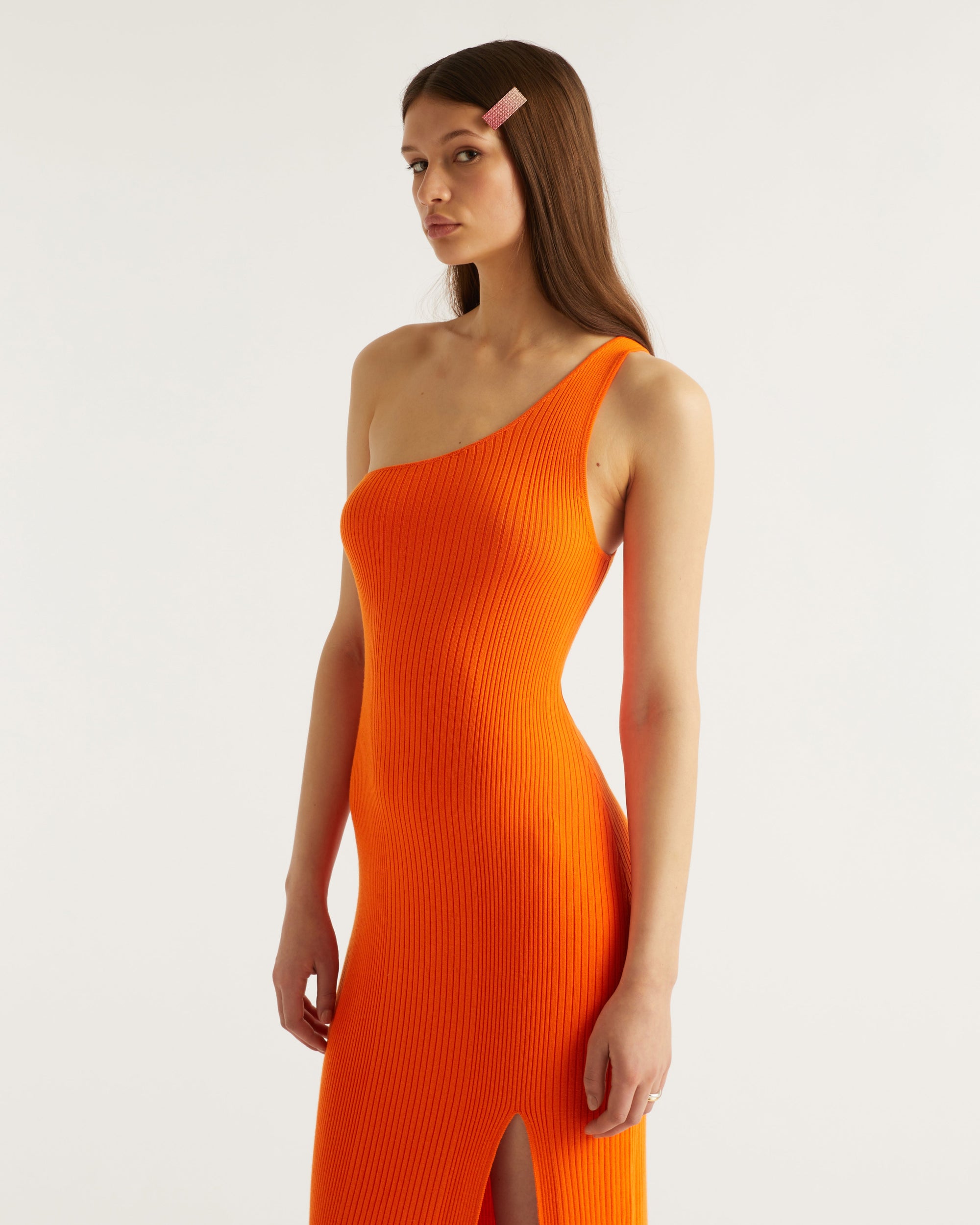 Robe longue asymétrique et fendu en laine mérinos - Beach Orange