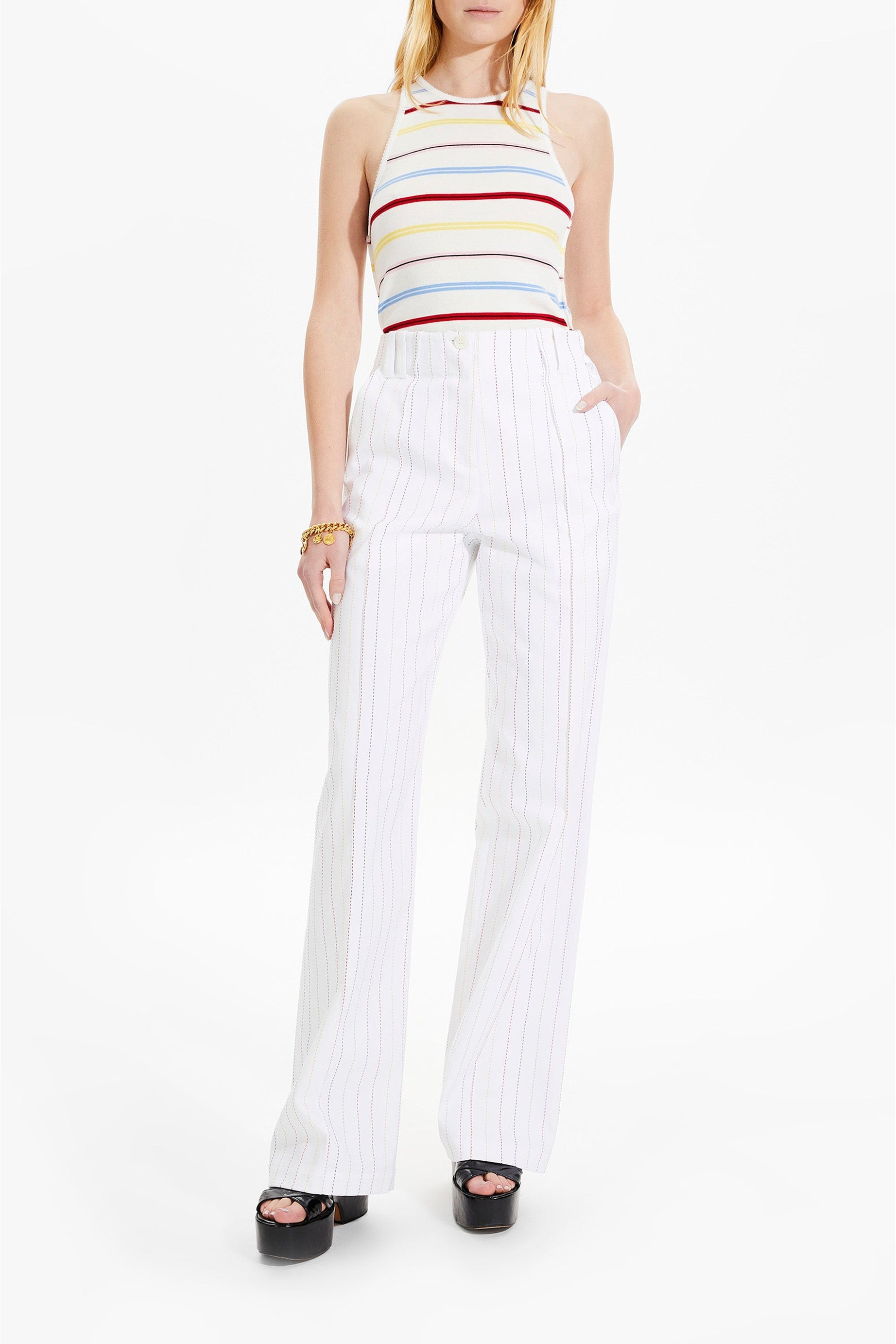 Pantalon droit rayé - Blanc