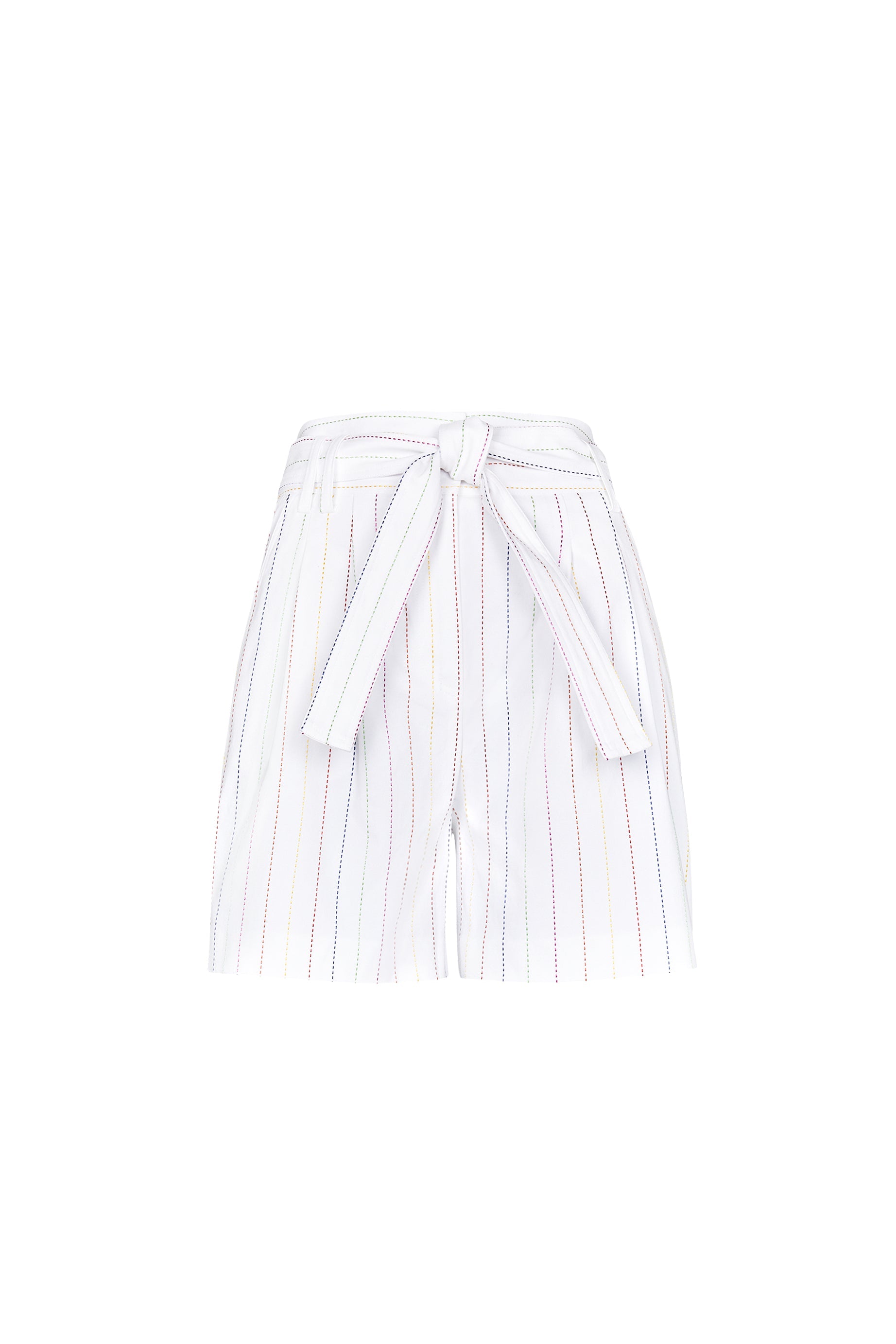 Short à fines rayures taille haute - Blanc