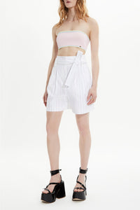 Short à fines rayures taille haute - Blanc
