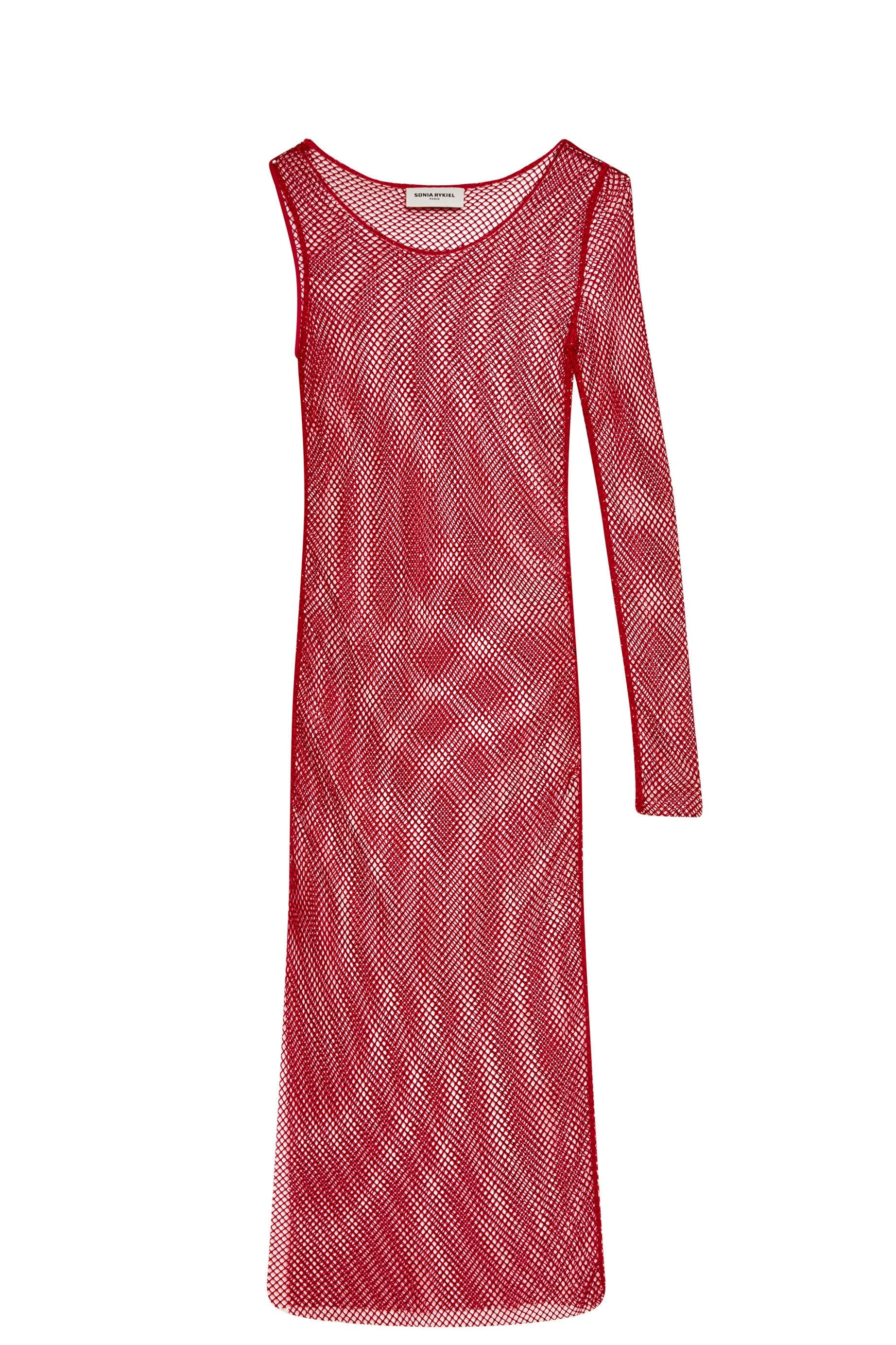 Robe longue en mesh fendue et asymétrique - Rouge
