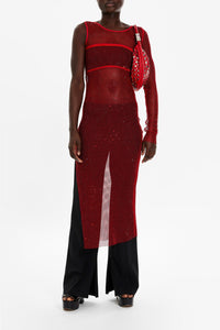 Robe longue en mesh fendue et asymétrique - Rouge
