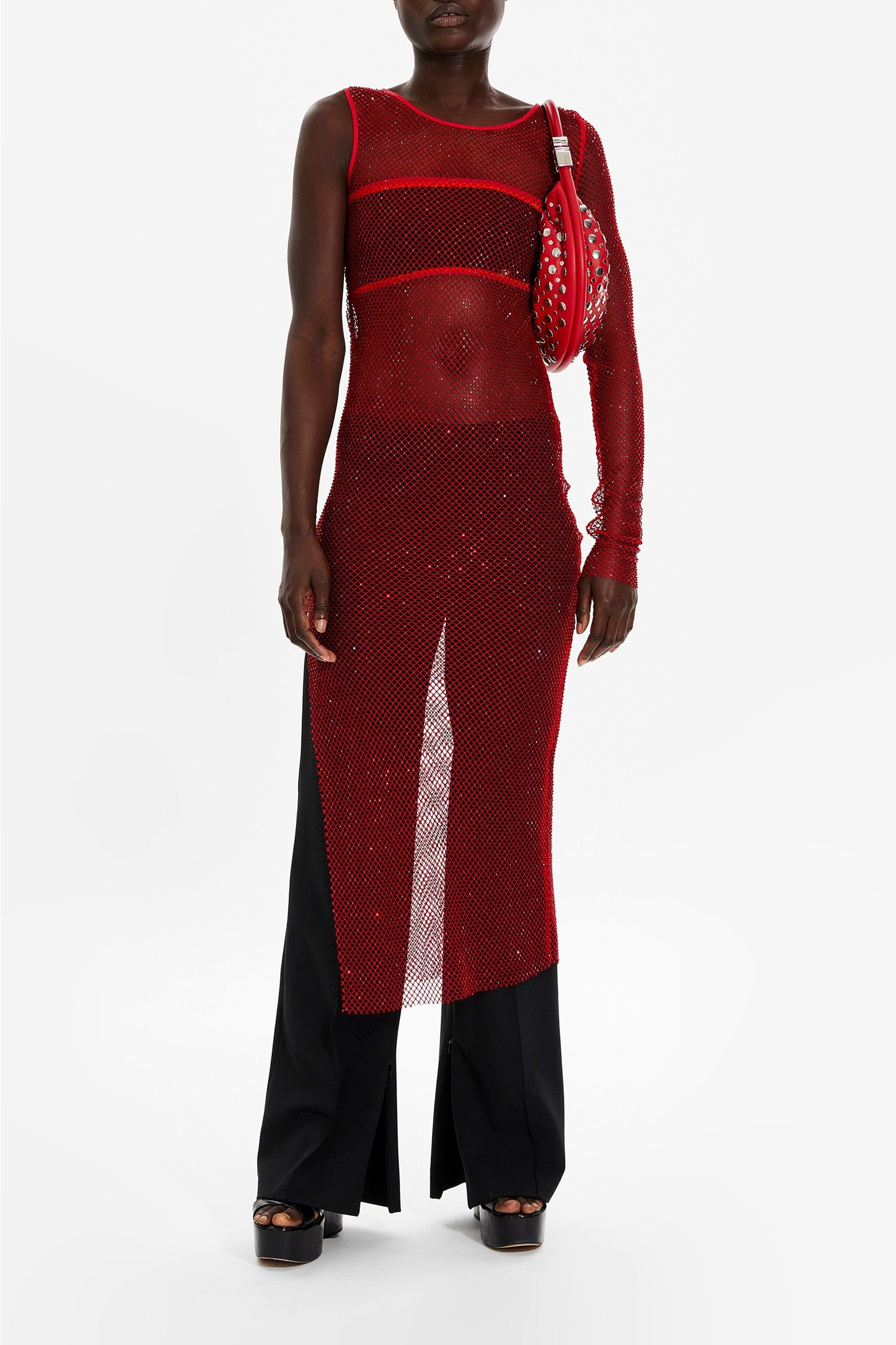 Robe longue en mesh fendue et asymétrique - Rouge