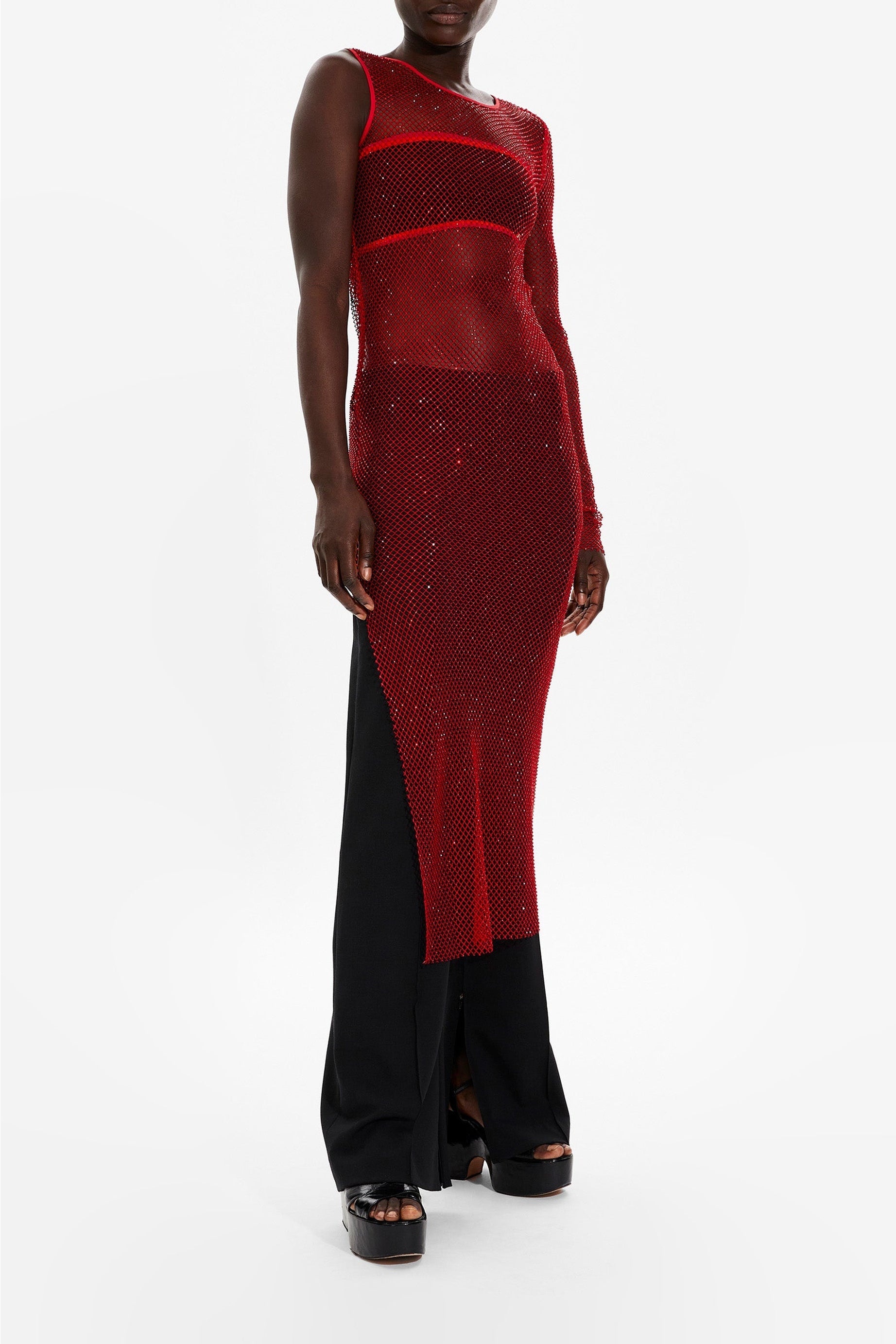 Robe longue en mesh fendue et asymétrique - Rouge