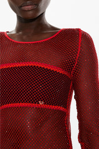 Robe longue en mesh fendue et asymétrique - Rouge
