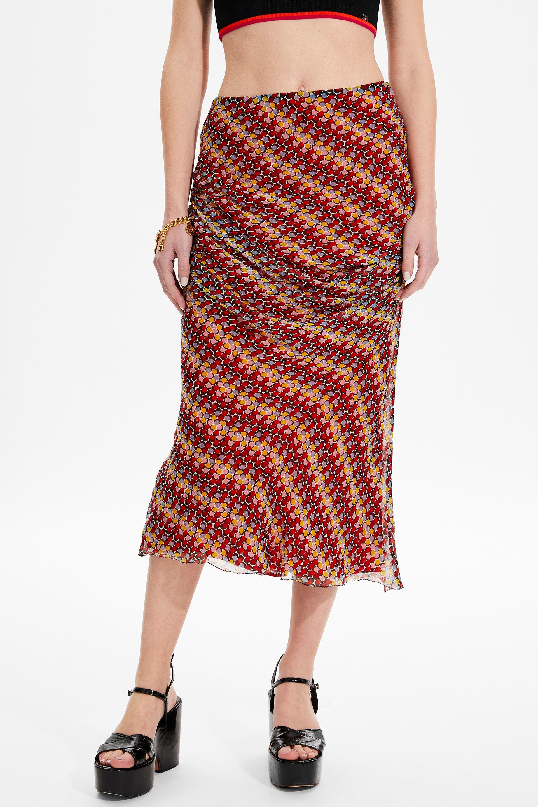 Jupe midi en soie à pois en soie - Multicolor