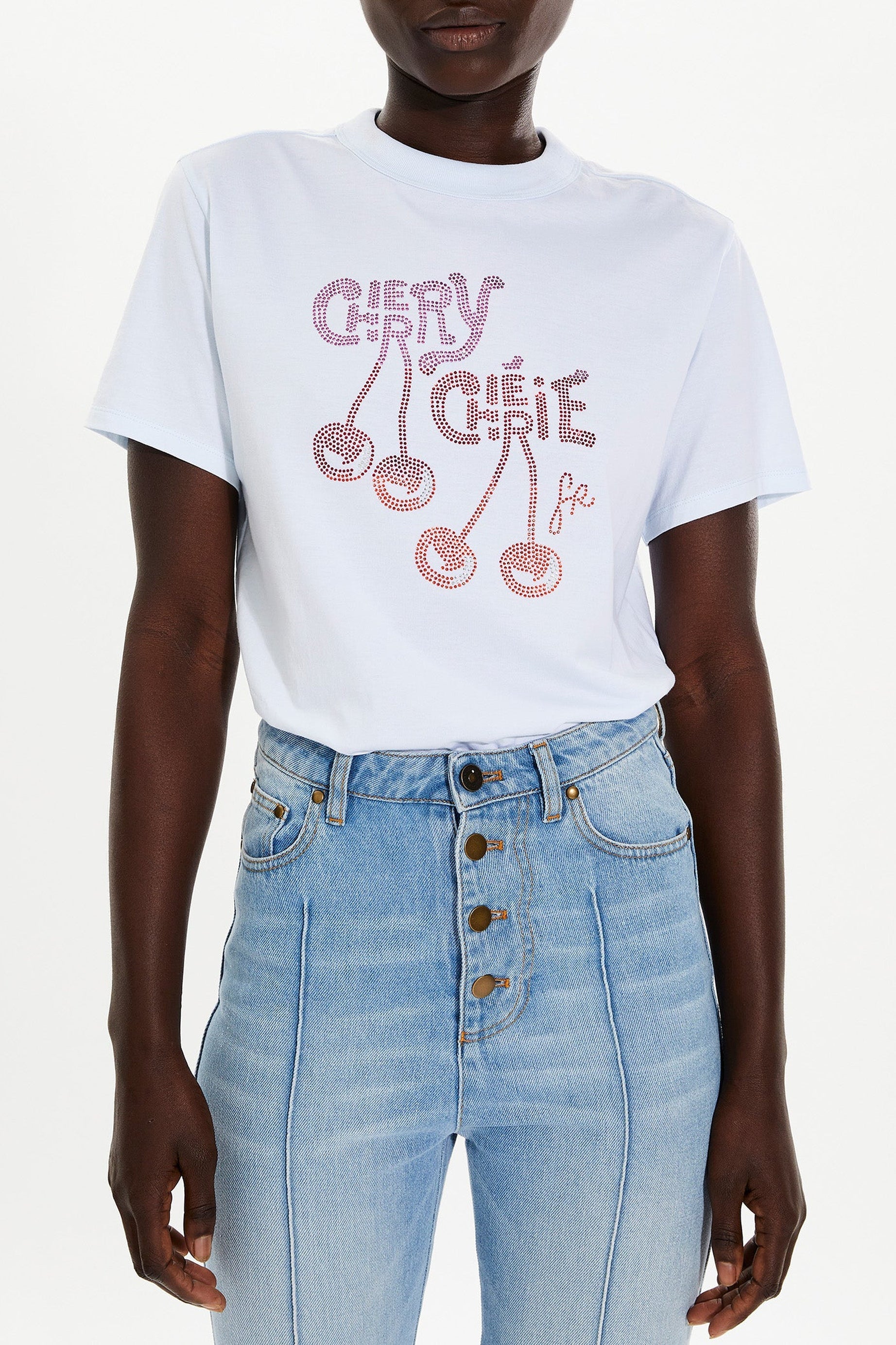 T-shirt Cherry à strass - Baby Blue