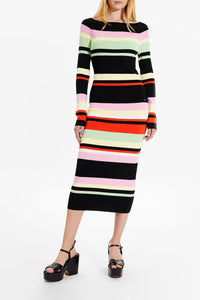 Robe longue rayée moulante à col bateau - Noir