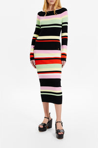 Robe longue rayée moulante à col bateau - Noir