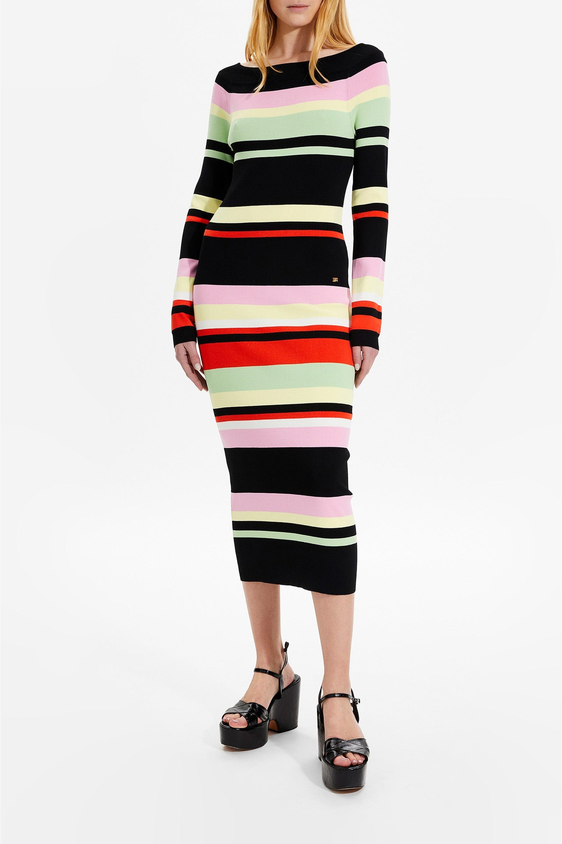 Robe longue rayée moulante à col bateau - Noir