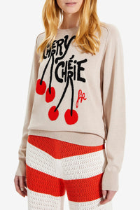 Pull à manches longues à motifs cerises - Beige