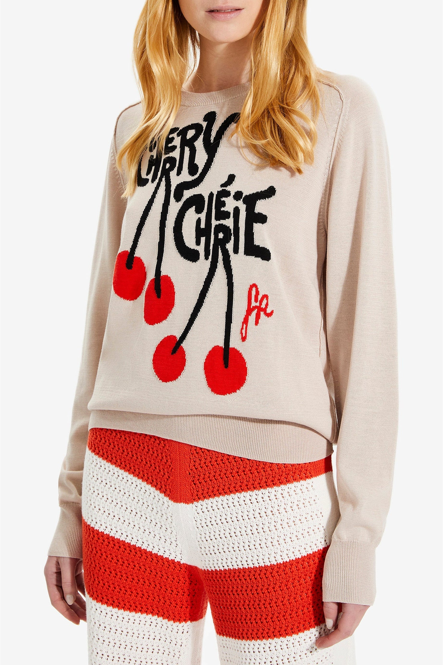 Pull à manches longues à motifs cerises - Beige
