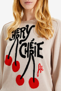 Pull à manches longues à motifs cerises - Beige