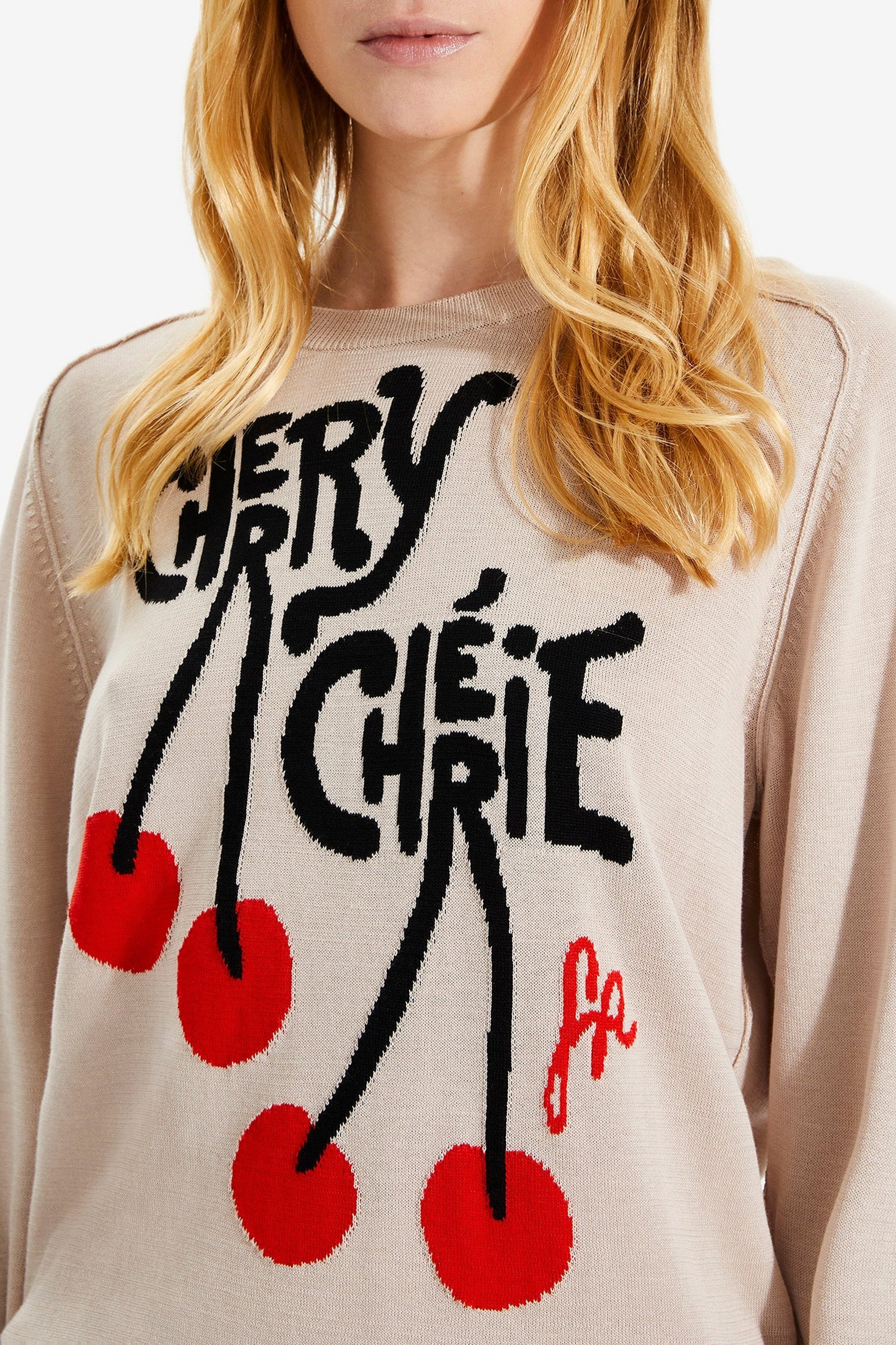 Pull à manches longues à motifs cerises - Beige
