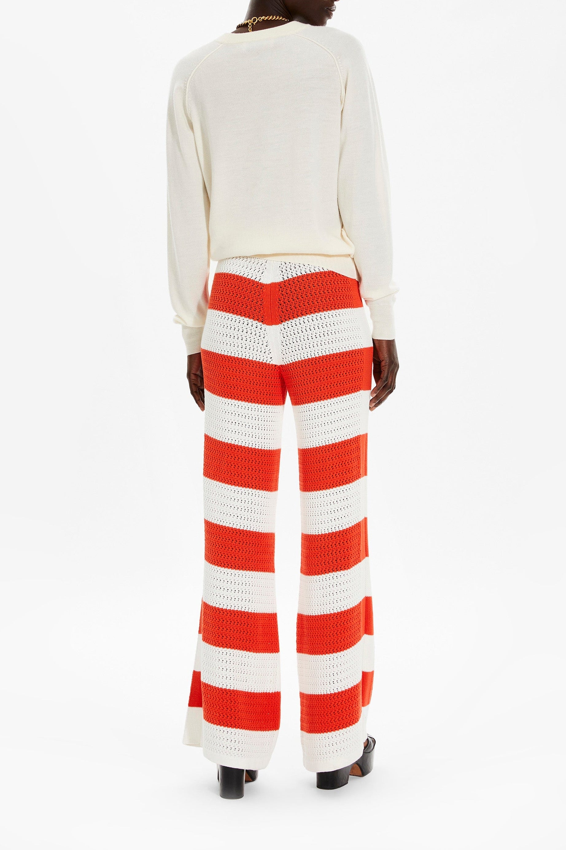 Pantalon ajouré et bicolore rayé - Corail & Écru