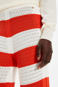 Pantalon ajouré et bicolore rayé - Corail & Écru
